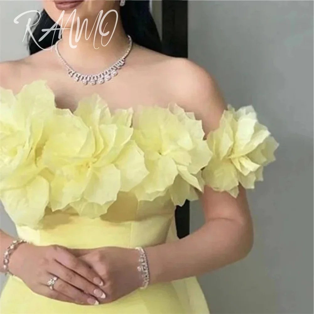 Ranmo 2025 أنيق أصفر فاتح بدون أكتاف فساتين لحضور الحفلات الموسيقية غمد زهرة الرقبة فستان سهرة ساتان طول الكاحل vestidos de fiesta