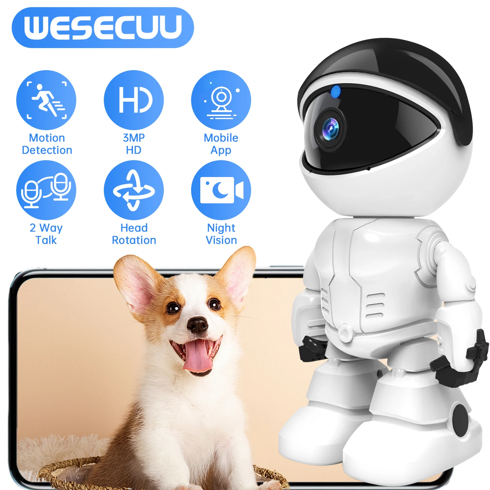 WESECUU Robot Camera Wifi 3MP Indoor Home Security Camera Night Vision Two Way Audio Auto Tracking Indoor Baby Monitor