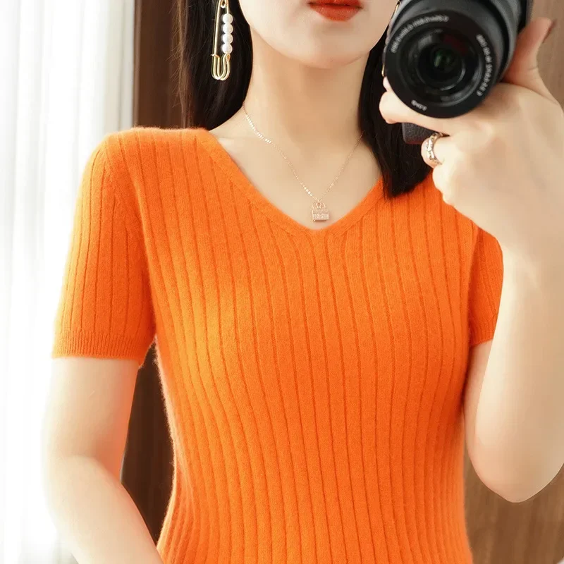 2024 Spring Summer Women Sweater V-neck Short Sleeve Tshirt Korean Fashion Knitwears Slim Fit Pullovers Bottoming Inner Knit Top