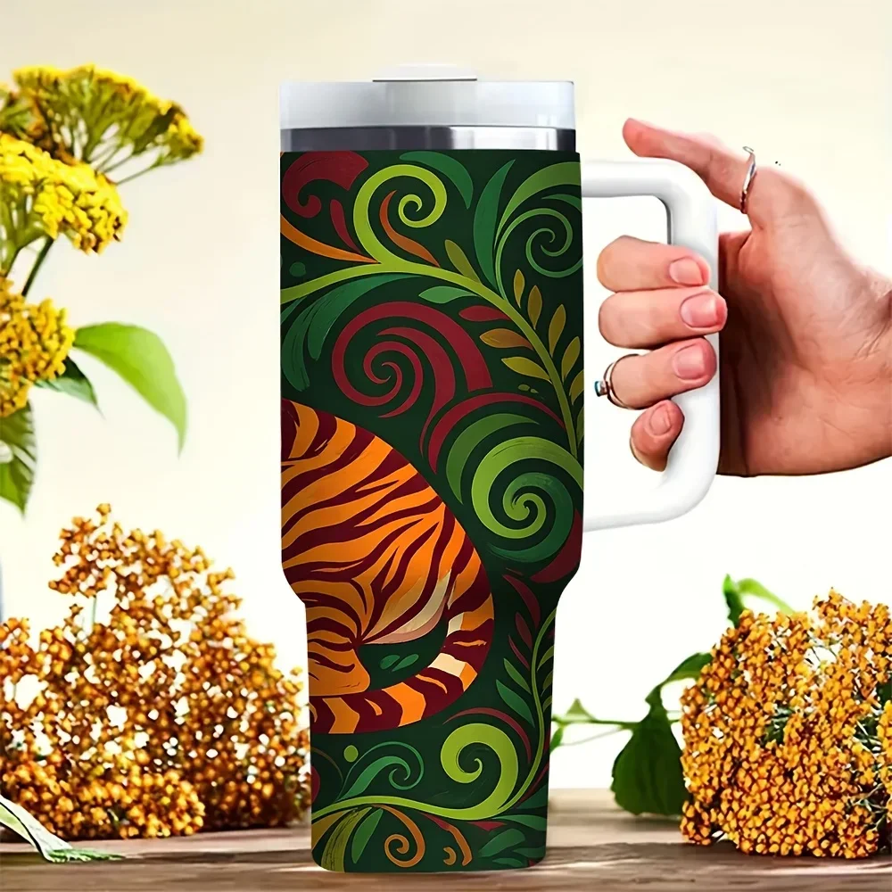 40Oz Tiger Print Tumbler with Handle, Features Orange Tiger on Green Swirl Pattern, Fits Hot And Cold Drinks, Suitable for All People for Outdoor Activities And Daily Use for all Year Round