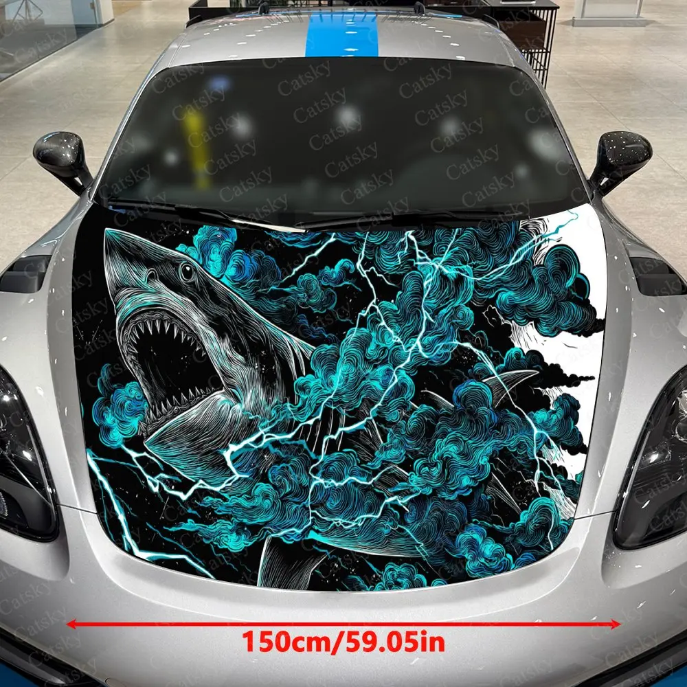 Thunder Wave Splitting Shark Car Vinyl Wrap, PVC Waterproof Car Hood Sticker, Self-Adhesive Scratch-Resistant Stickers