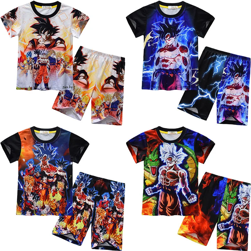 

2 шт./компл., детская футболка с 3D мультяшным принтом в стиле аниме Dragon Ball Z, шорты с короткими рукавами, комплект, одежда для сна для косплея, крутой купальник, подарок