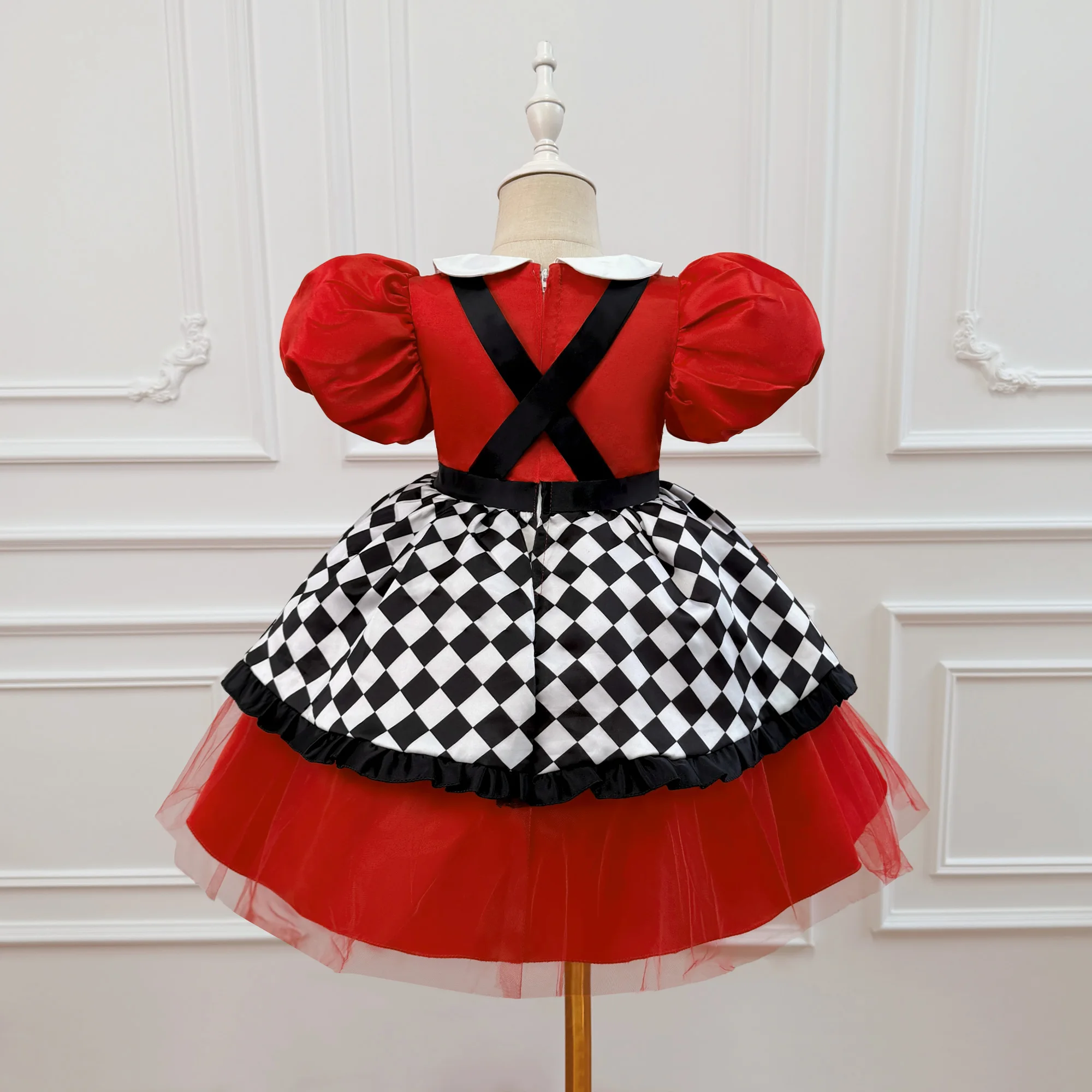 Elegant Queen of Hearts Poker Costume for Girls Wedding Bridesmaids Birthday Party Plaid Dress Girl Christmas Halloween Costumes