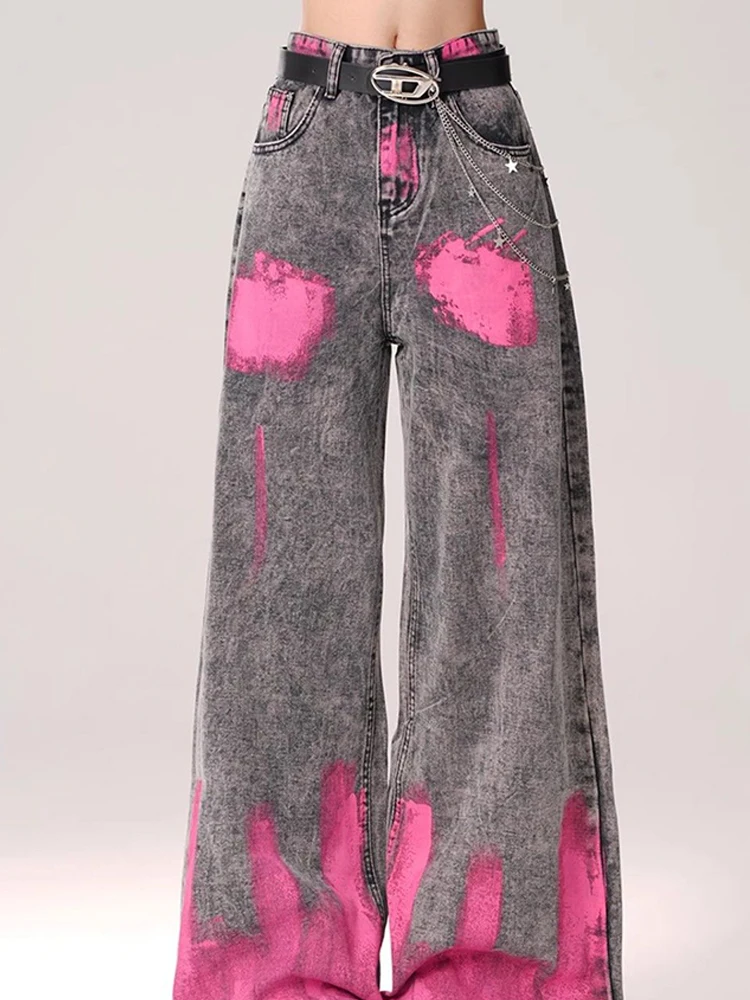 

Шикарные джинсы с высокой талией в американском стиле, женские осенние новые модные уличные винтажные широкие джинсовые брюки в стиле хип-хоп с граффити