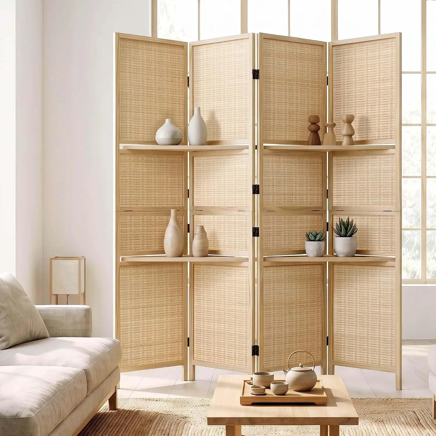 Bamboo Room Divider with 2-Tier Shelves, 4 Panel, 63 x 67 in, Natural, Customized