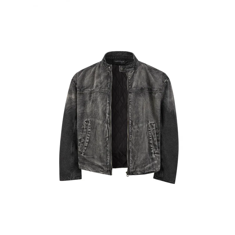 سترة من قماش الدنيم ذات ياقة ثابتة سهلة النجاح للرجال سترة سميكة من القطن الأسود المغسول