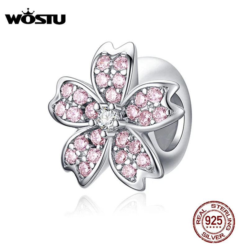 

WOSTU Fashion 100% Real Sterling Silver Pink Sakura Lucky Flower Charms Beads Fit Original Women Bracelet DIY Jewelry CQC1291