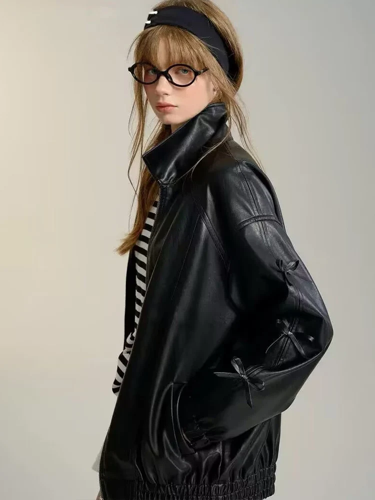 Giacca in pelle con fiocco da donna nuova autunno stile europeo e americano giacca di nicchia di fascia alta moda tendenza autunno e inverno