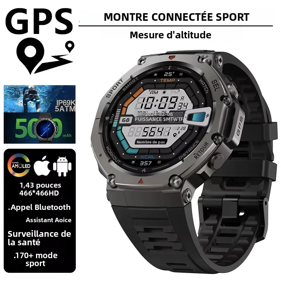 Montre connectée GPS militaire double bande pour extérieur, étanche 5ATM, batterie 500mAh, boussole, altimètre barométrique, appels HD, écran AMOLED