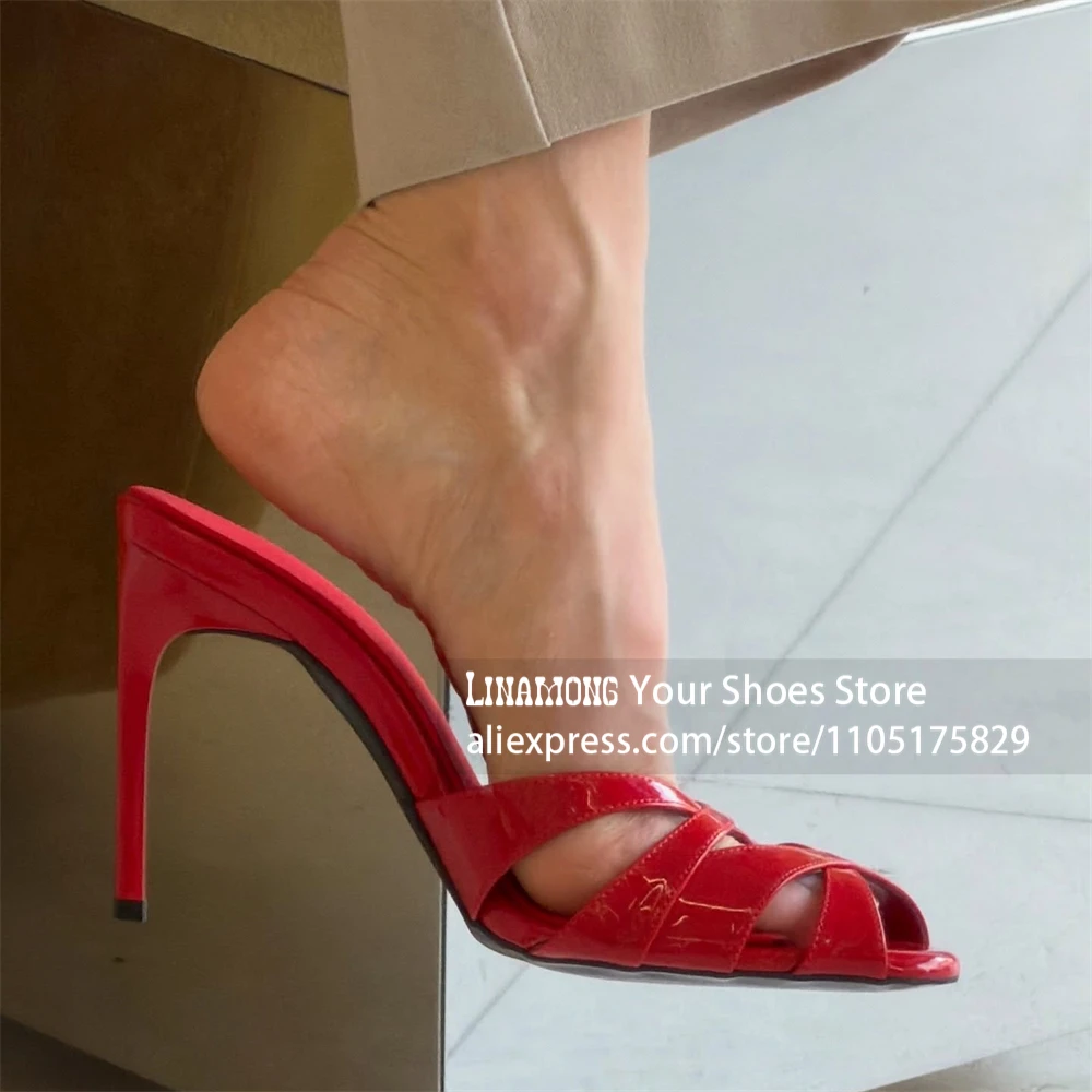 Patent Leather Crisscross Stiletto Mules Round Open Toe Slip On High Heel Slippers Woven Strap Backless Thin Heel Summer Shoes