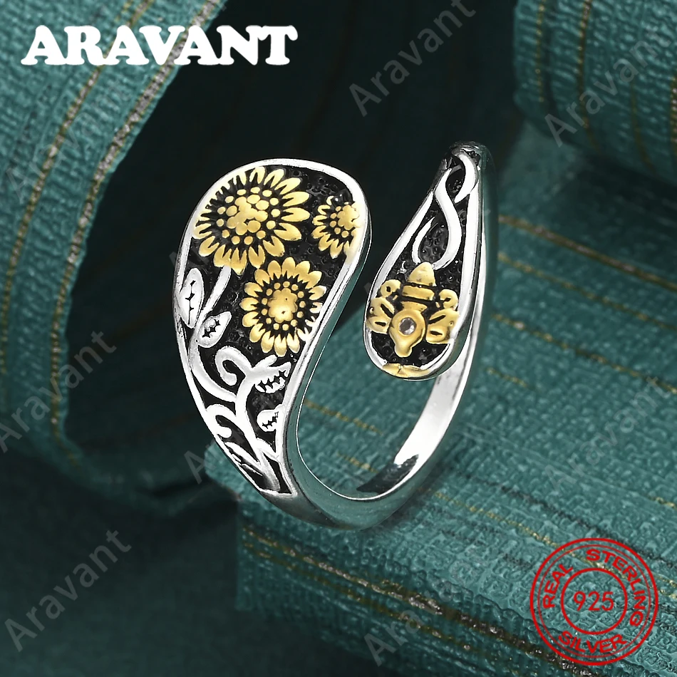 925 Sterling Silber Sonnenblumen- und Bienen-Ring, verstellbar – Ein einzigartiges und vielseitiges Geschenk für Frauen, perfekt für Partys und besondere Anlässe.
