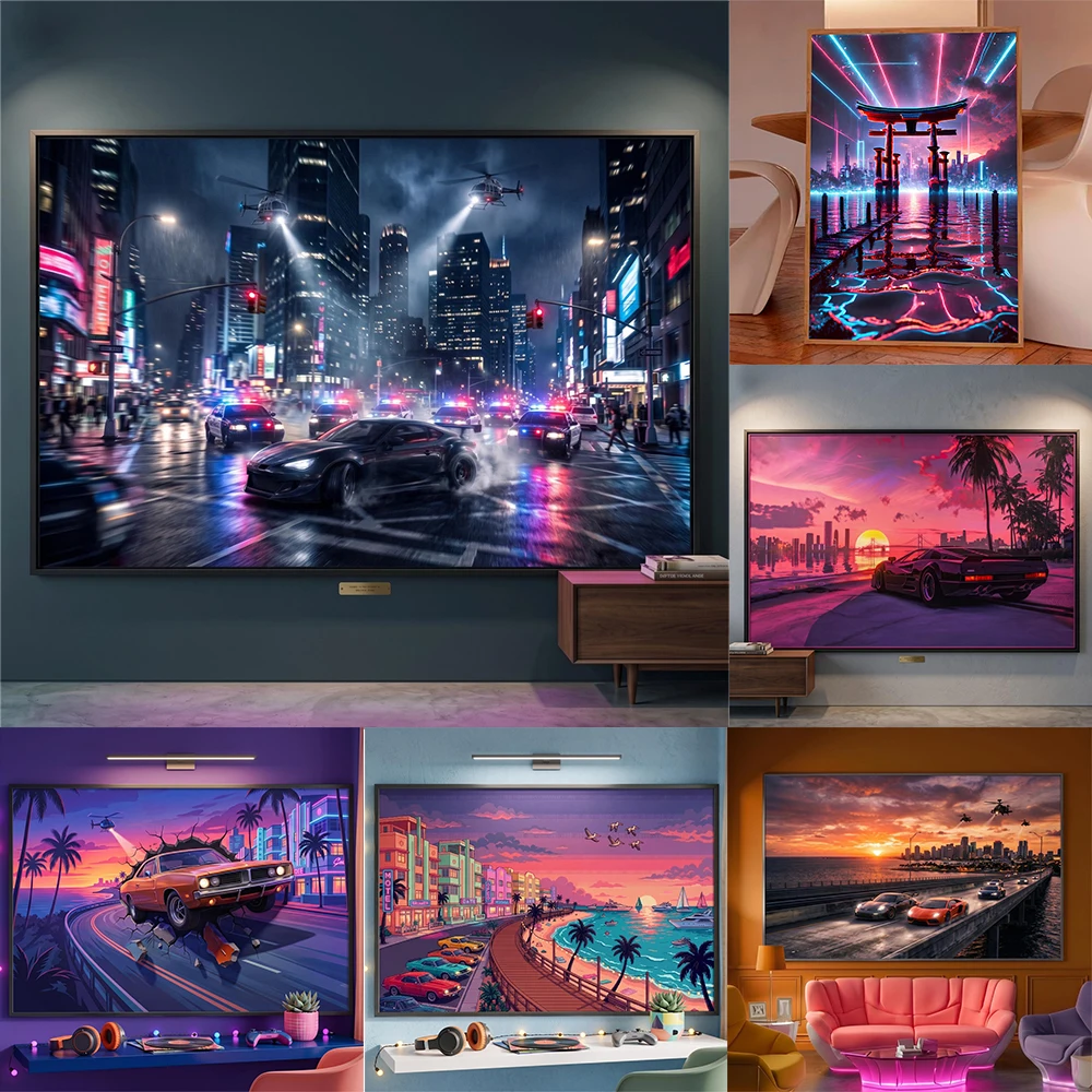 Synthwave Retrowave Aesthetic Supercar Canvas Painting Wall Art Poster Retro 80s Sunset Cityscape Prints Home Large Decor