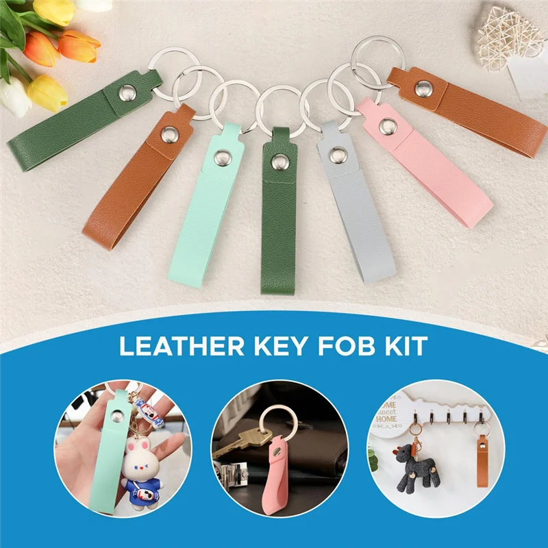 ABUP-50Pcs PU Leather Key Fob Kit, Keychain Blanks With Rives And Key Rings, Rectangle Leather Key Chain Bulk For DIY Craft