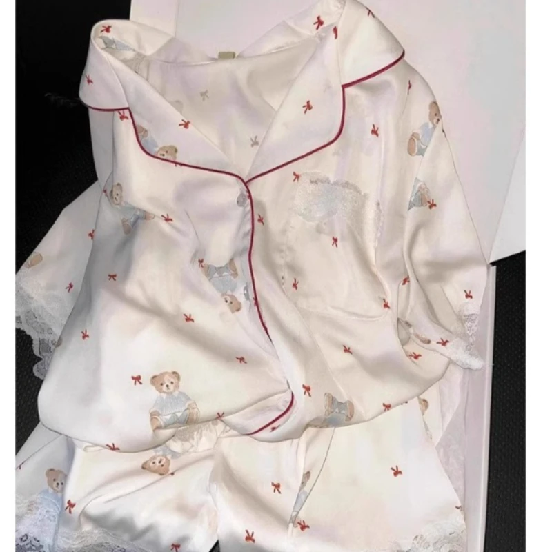 Women's Summer Short-sleeved Suit High-end Simulation Silk Loungewear Cartoon Cute Outer Wear Cross-border Wholesale Pajamas