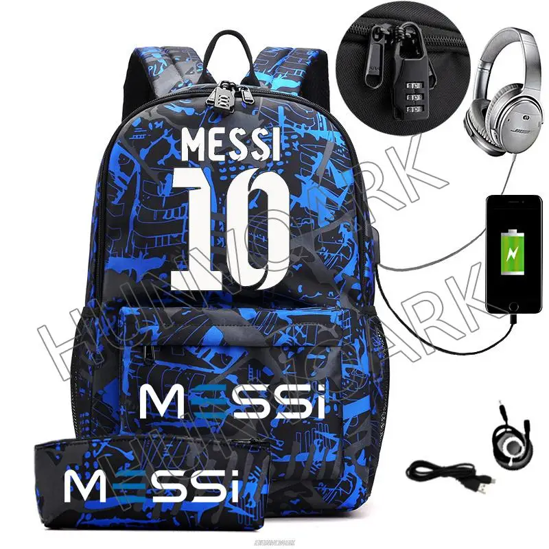 Messi Backpack Casual Women Men Computer Backpack 15.6 Inch Laptop Bag Back Light Anti theft Travel School Bags 2pcs