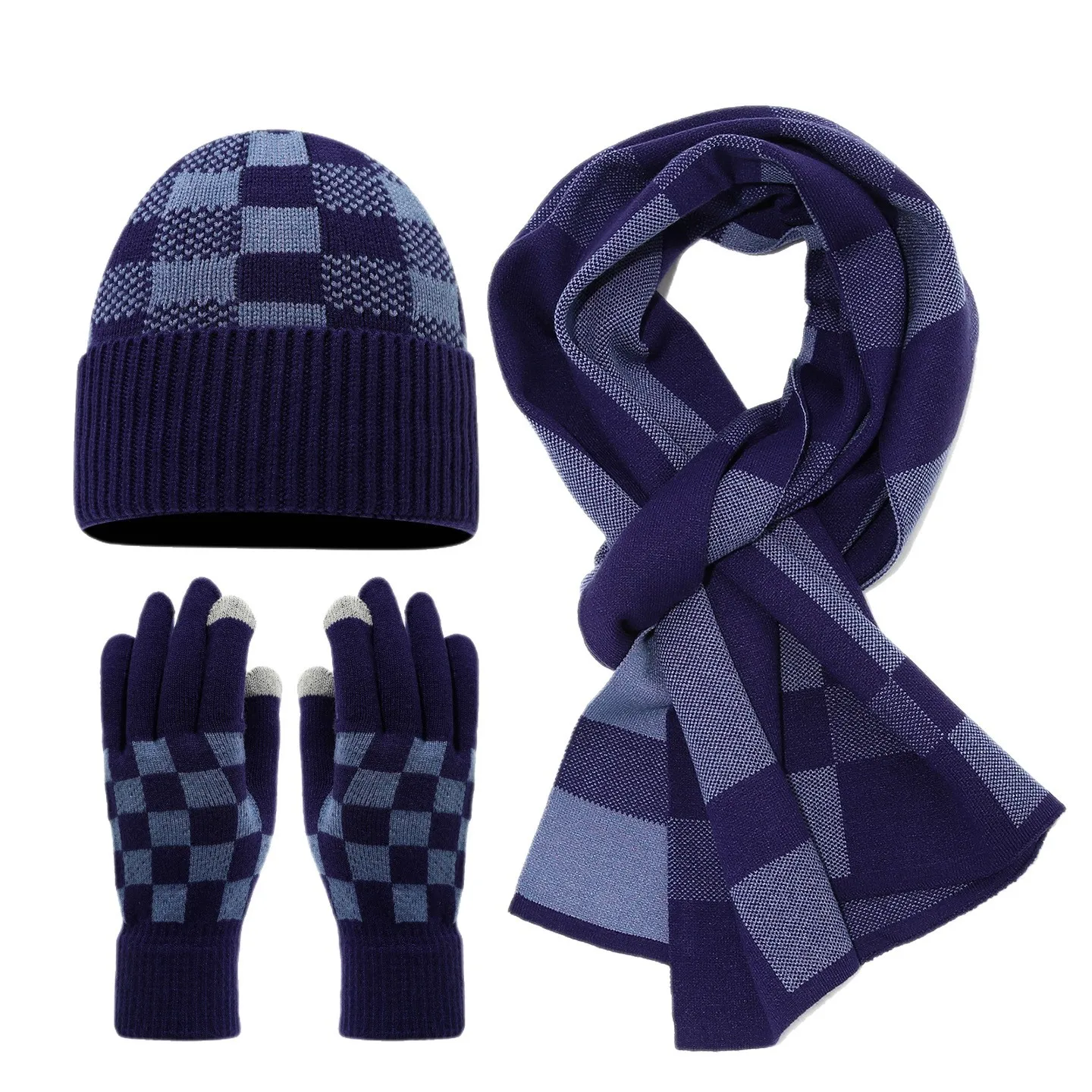 3pcs Winter Knitted Hat Scarf Gloves Set with Plaid Pattern Touchscreen Design Thermal Warm for Outdoor Daily Commute