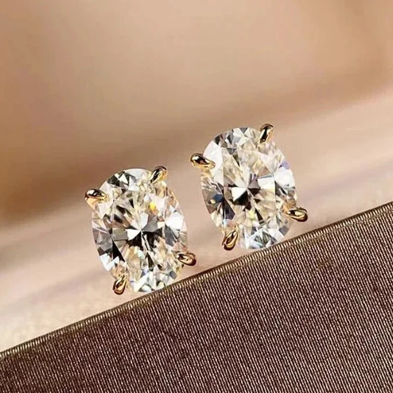 Women's Gold Color Sparkling Oval CZ Stud Earrings