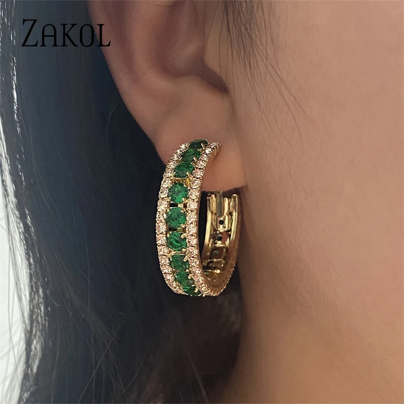 ZAKOL  Luxury Vintage Green Zircon Hoop Earrings Geometric Circle Drop Earring Exquisite Jewelry Birthday Gifts for Women