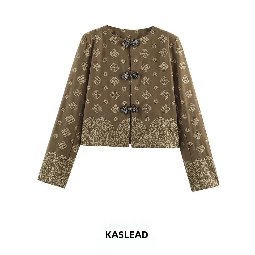 KASLEAD New Women's Embroidered Jacket Heavy Embroidery Button Design Short Style Floral Pattern Polyester Fiber Long Sleeve