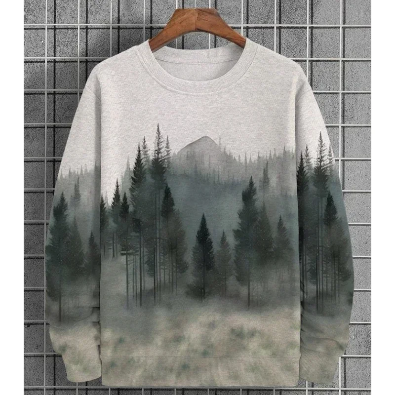 

Autumn Fashion Sweatshirts for Men with Casual Pullovers Landscape Printed Tops Oversized Men's Round Neck Long Sleeves