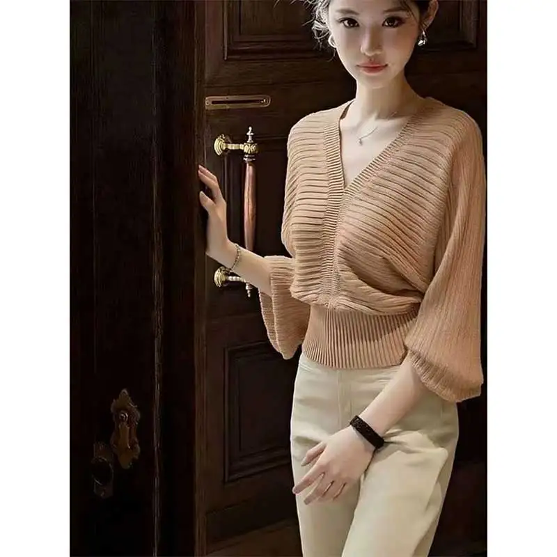 

Женская одежда, осенне-зимний модный простой универсальный вязаный женский тонкий женский свитер с v-образным вырезом, однотонный пуловер