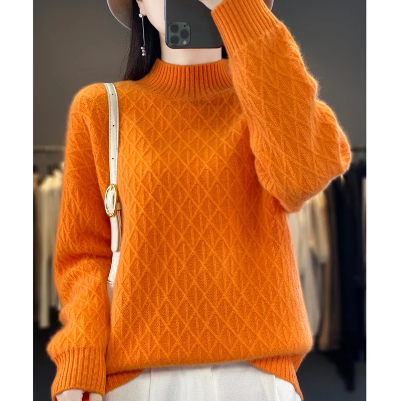 

Women's 100% beautiful wool thickened sweater top 2025 autumn/Winter fashion knitted loose long-sleeved pullover sweater