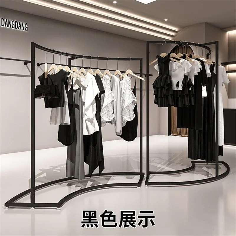 Black wrought iron curved clothes display rack combination men's and women's clothing store shelves hangers
