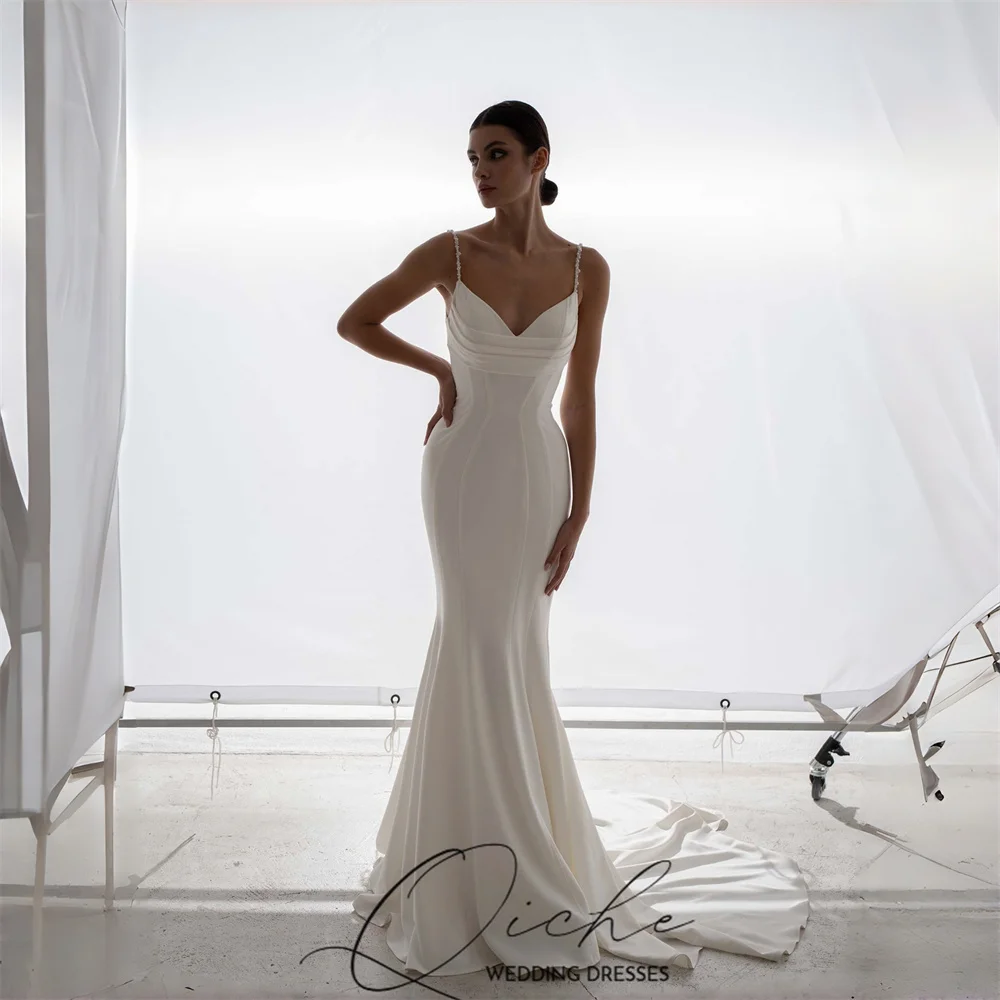 

QICHE Elegant V-Neck Mermaid Wedding Dress Women 2026 Off The Shoulder Beading Pleat Bridal Gown Vestidos De Noiva Customized