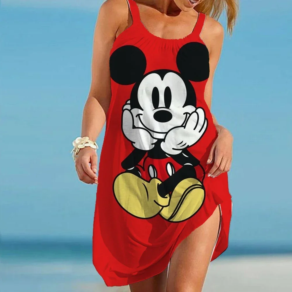 Disney Dress Minnie Mickey Women Bohemian Outing Beach Casual Sexy Mini Dress Camisole Goofy 3D Print Party Evening Dresses Boho