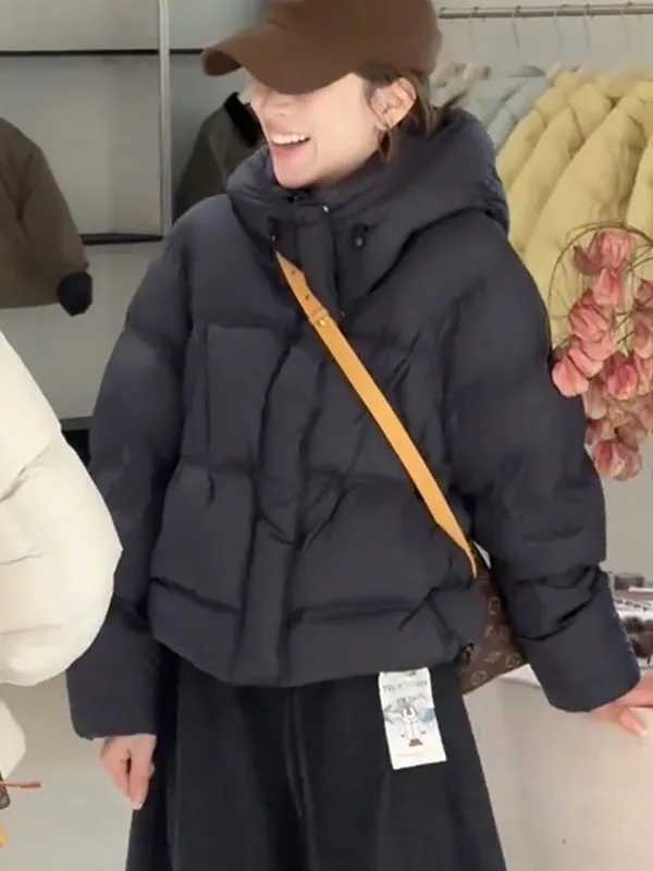 

Thickened Black Hooded Puffer Jacket Women's Stylish Slimming Bread Style Coat White Duck down Warmth Compact Size Outerwear