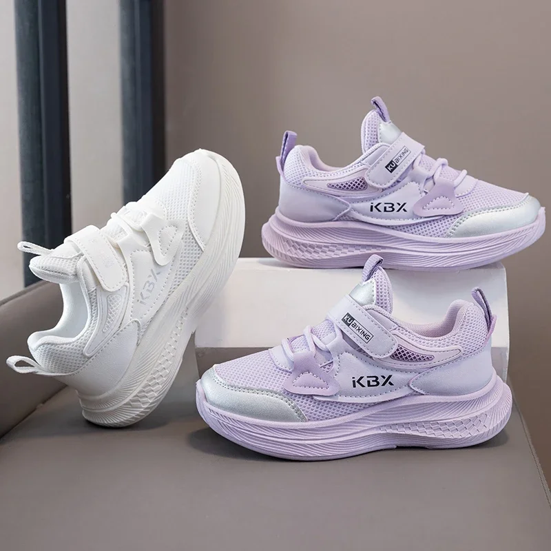 Girls Lavender Purple Mesh Platform Sneakers Silver Patchwork Velcro Strap Shock Absorbing Non Slip School Running Shoes