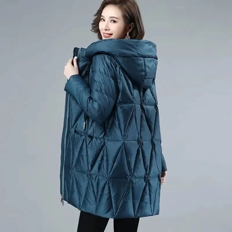 Pop Pop 2025 New Winter Clothes Loose Hooded Medium Length Down Cotton Jacket Parka Women's Large Size Thickened Bright Cotton C