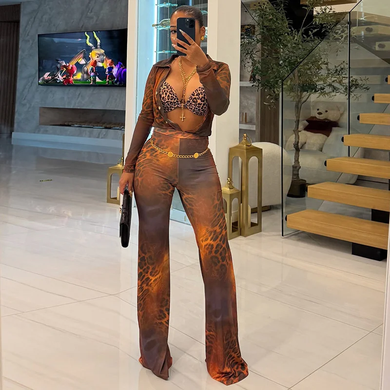 Doyerl Leopard Print Festivals Outfit Women Two Piece Set Club Party Mesh Sheer Long Sleeve Shirt Top+ Flare Pants Matching Sets