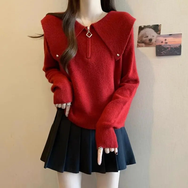 

Корейский свитер с кукольным воротником на молнии, весна-осень 2024, новый тонкий красный вязаный свитер с короткой подошвой, верх для ношения