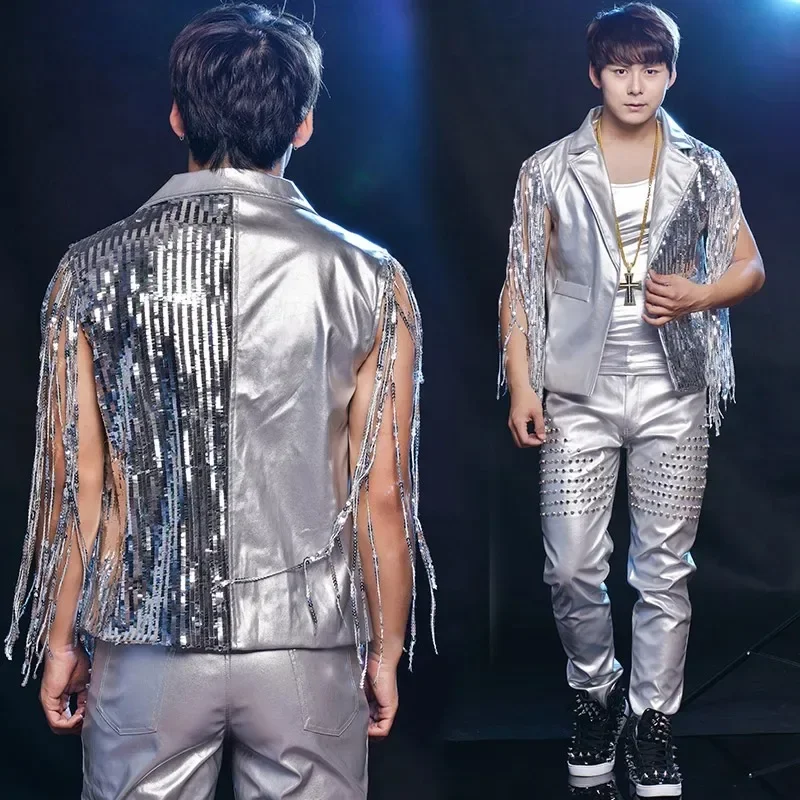 Silver Jazz Dance Costumes, Sequins, Stage Costumes, Nightclubs, Male Singers, DJs, Hip-hop Performance Costumes Korean Boy Band