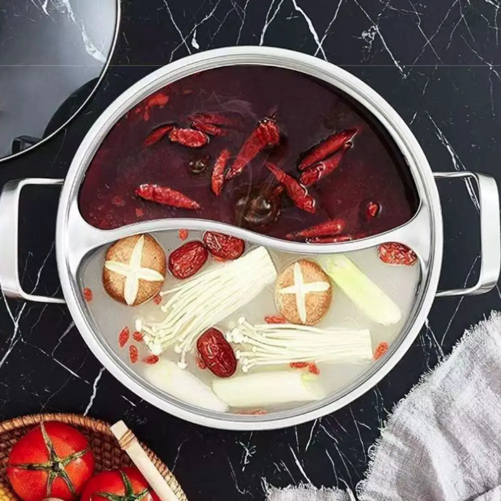 

Разделенная кастрюля из нержавеющей стали со стеклянной крышкой, бинауральная ручка, кастрюля для китайского супа, нержавеющая утолщенная кастрюля Yuanyang, коммерческая кастрюля