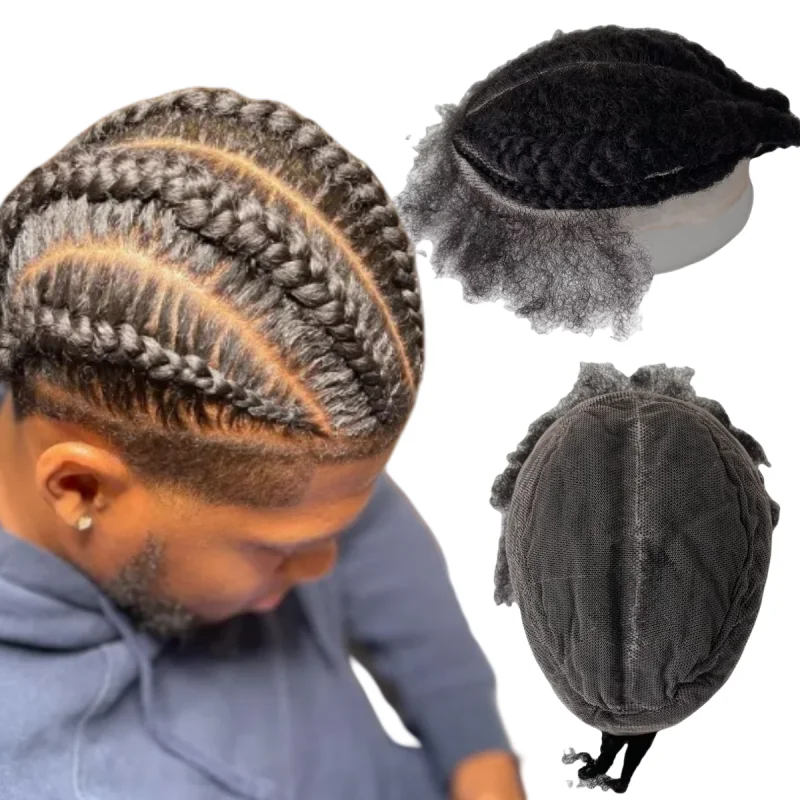 

Mongolian Virgin Human Hair Hairpiece #1b Black Afro Cornrow Braids Toupee 8x10 Full Lace Unit for Black Men
