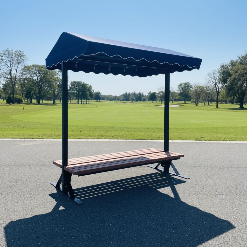 8-Foot covered stadium bench for athletes, popular, weatherproof, plastic-wood seats with shade roof