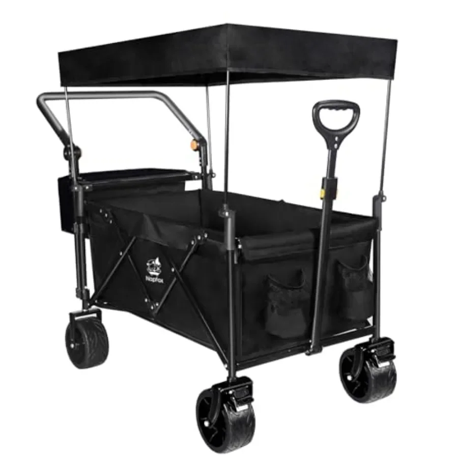 Beach camping utility cart: heavy-duty collapsible wagon with canopy, black steel frame, 250lb capacity, all-terrain wheels wit