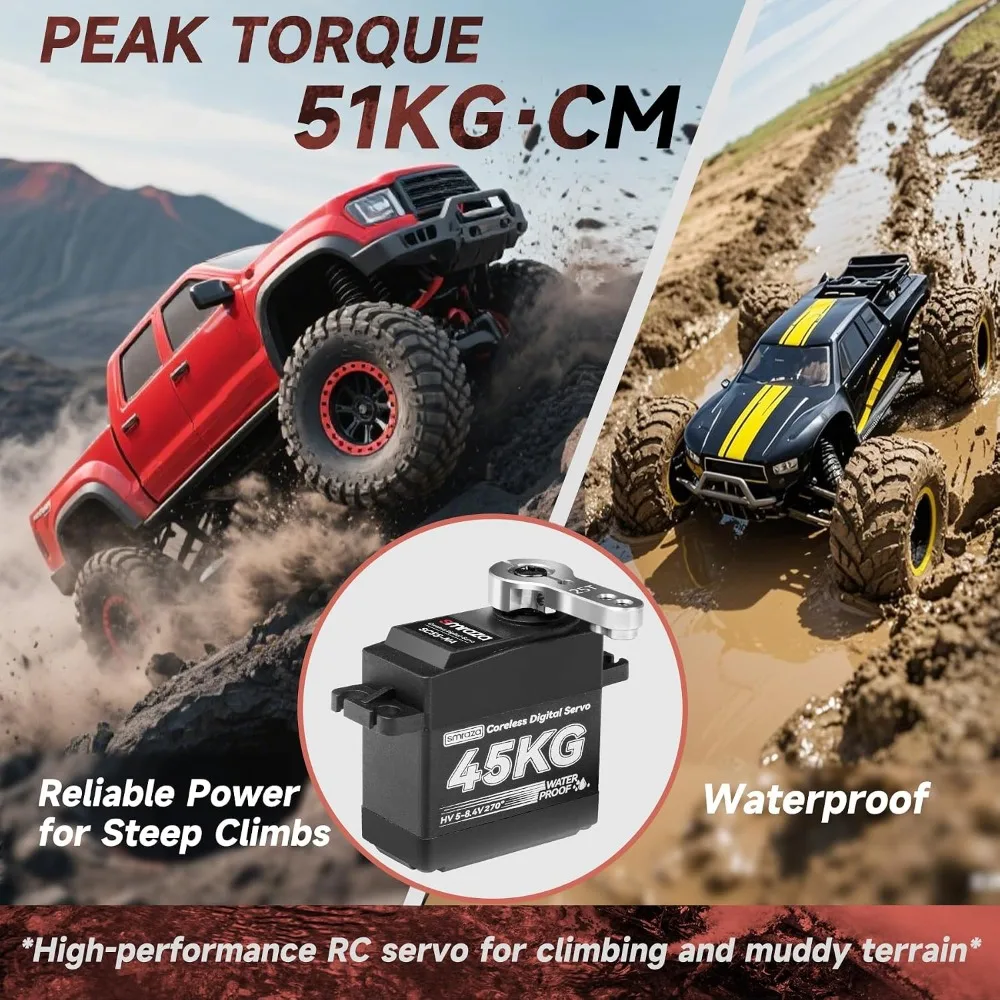 High Torque 45KG Servo Motor for RC Car Truck Crawler Robot Boat, 8.4V Coreless Waterproof Digital Servo with Full Metal Gear and 25T Horn (270°) - view 6