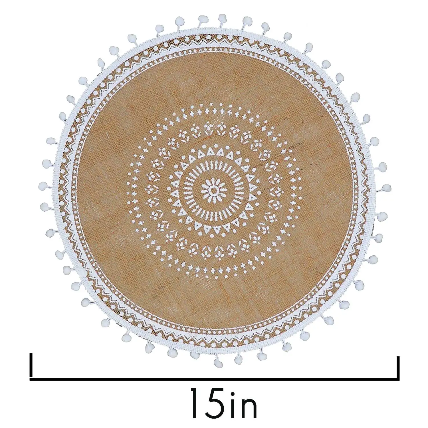 Round Placemats Set of 4,Boho Woven Table Mats with Pompom Tassel for Dining Room Kitchen Table Decor (White Ball)