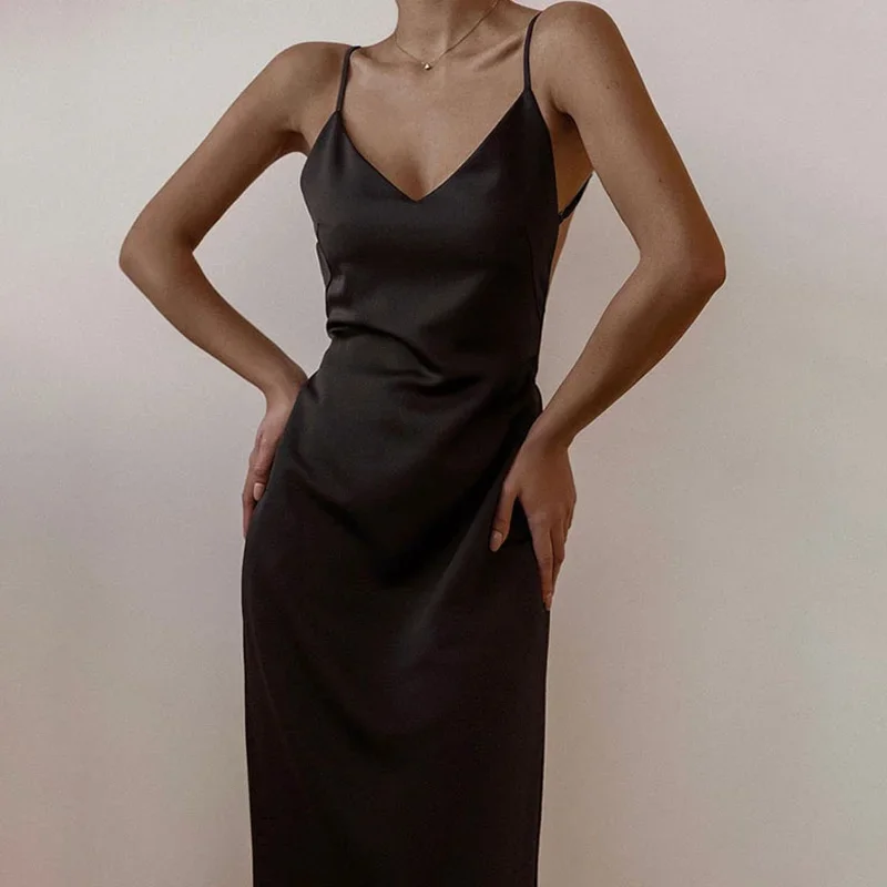

Elegant Women Slim Fit Midi Dress Spring Summer High Waist Ladies Backless Strap Sling Long Dresses