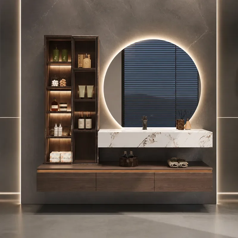Modern Simple Rock Slab Bathroom Cabinet Solid Wood Washbasin Light Luxury Smart Mirror Double Layer Wall Mounted Hanging