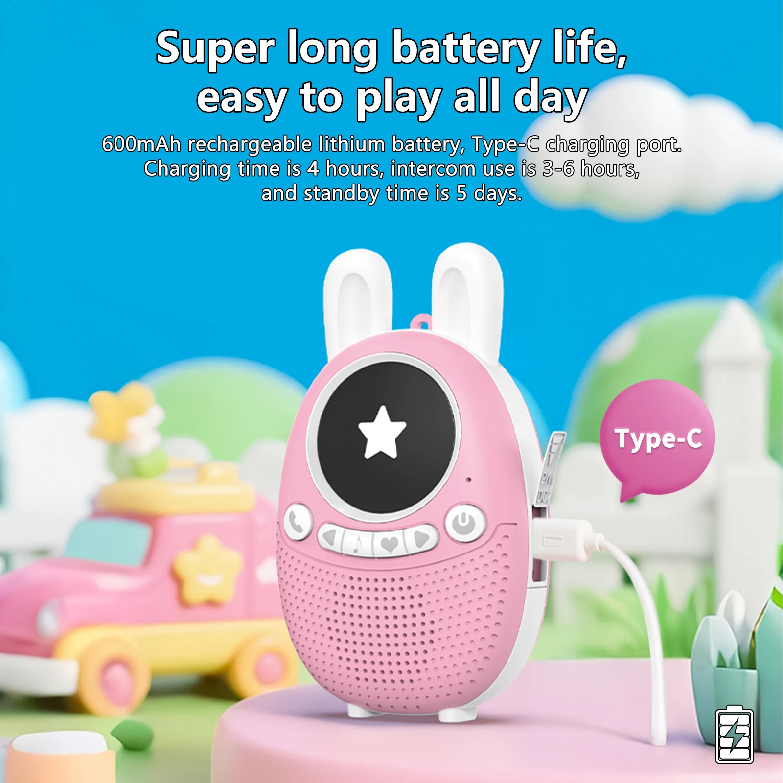 W208 جهاز اتصال لاسلكي للأطفال كارتوني قابل لإعادة الشحن، جهاز اتصال داخلي لطيف بزر واحد مناسب للتخييم في الهواء الطلق