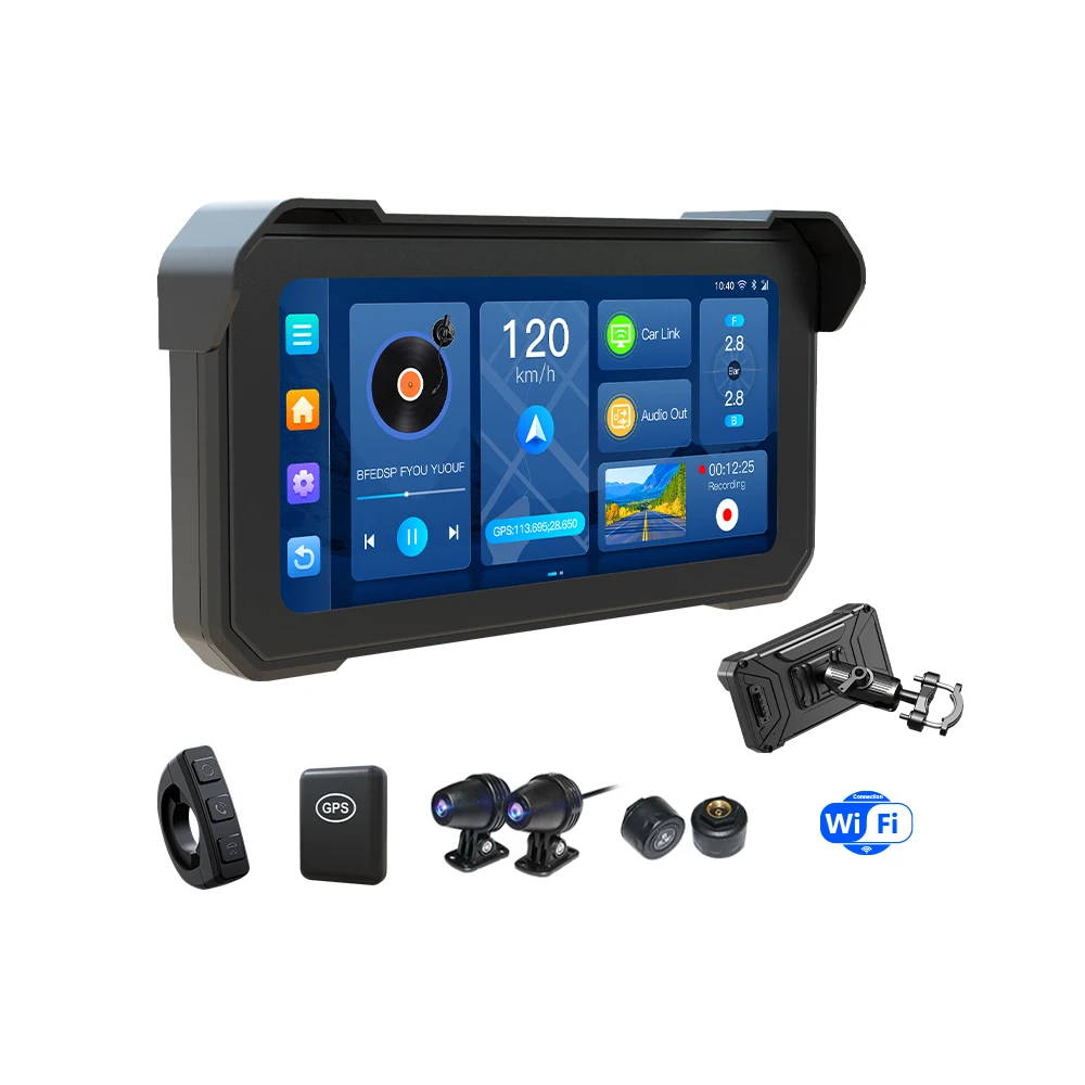 For 6.25 Inch Motorcycle CarPlay Screen Android 15 With GPS Navigation and Positioning Tire Pressure Monitoring and Dash Cam