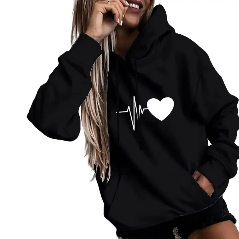 Women Hoodie Heart Print Long Sleeves Drawstring Solid Color Hoodies 2024 Young Style Pullover Hoody Sweatshirt Female Clothing