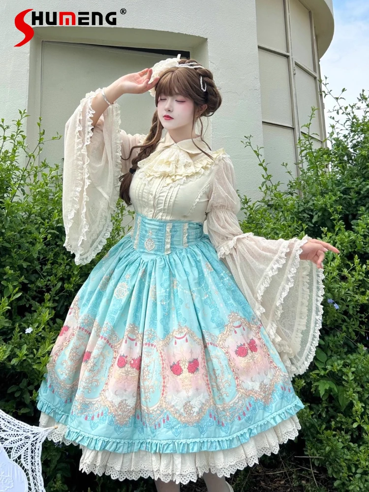 

Japanese Elegant Versatile Lolita Shirt Polo Collar Lace Splicing Flare Long Sleeve Single-Breasted Sweet Shirt Top Women Summer