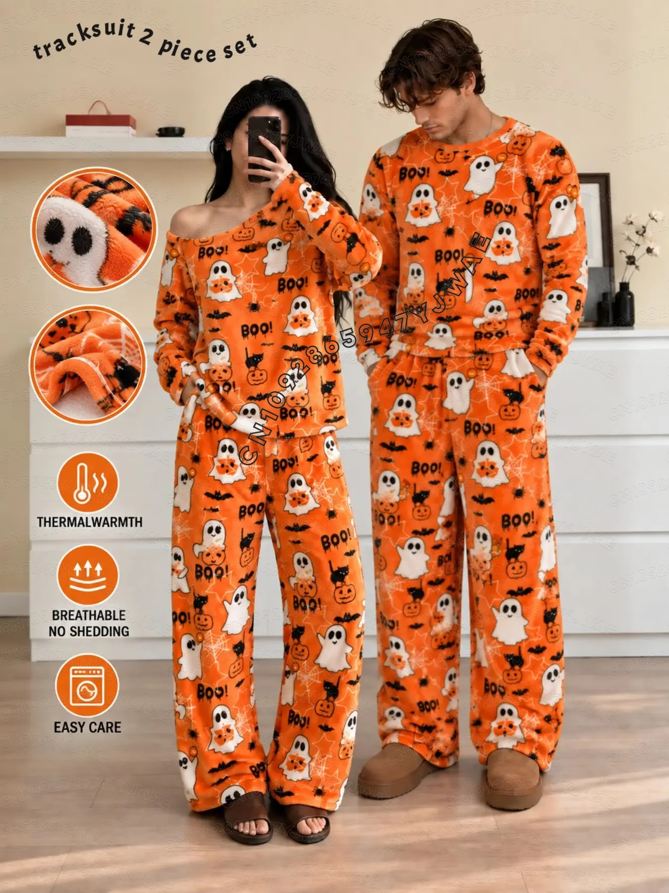 2026 Winter WOMEN Couple Pajamas Set  Flannel Halloween Pumpkin Ghost Bat Print Men's Home WOMEN MEN  Plush Sleepwear Pants Set