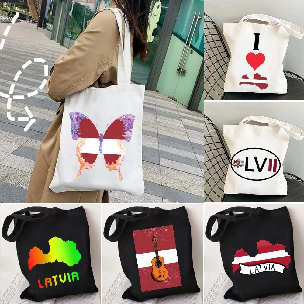 

Retro Latvia Flag Map Heart Butterfly Watercolor Country Latvian Souvenir Cotton Canvas Totes Bags Shopping Eco Shopper Handbags