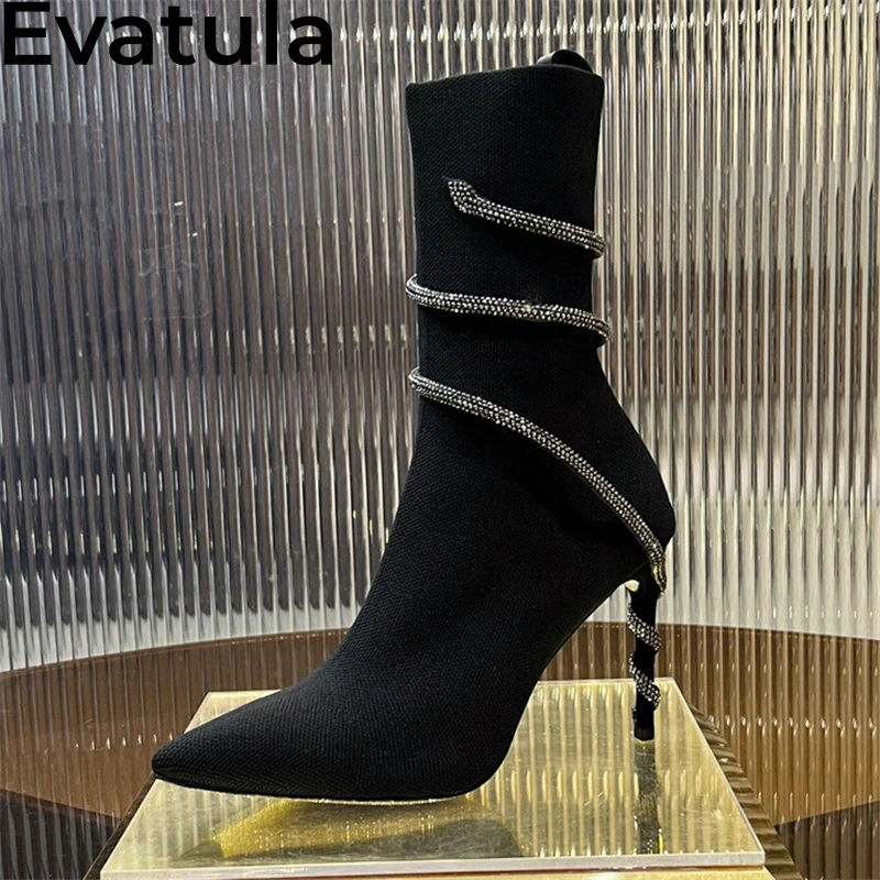 2024 Autumn Black Knitted Thin High Heels Ankle Boots Women Pointy Toe Snake Wrap Short Boots Sexy Elastic Slim Sock Boots Femme